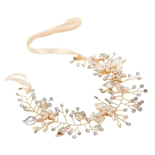 Blumenmädchen Haarteil Hochzeit Haarrebe Frauenkronen Blumenkranz Stirnband Perlen Haarband Mode-Stirnbänder für Hochzeit Braut Brautjungfer Damen Mädche Haarschmuck (Gold, One Size) von 95sCloud-1