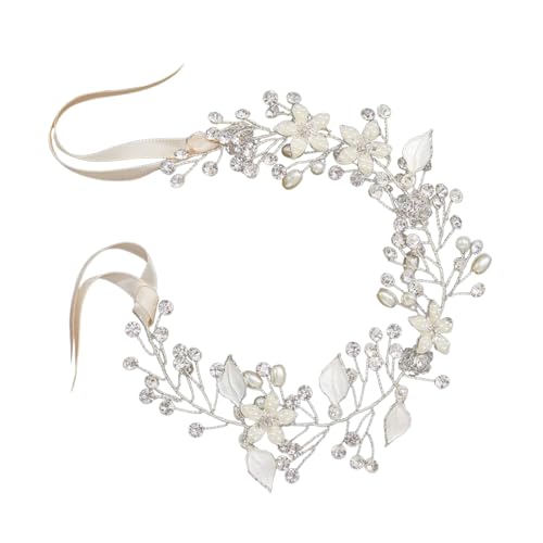 Blumenmädchen Haarteil Hochzeit Haarrebe Frauenkronen Blumenkranz Stirnband Perlen Haarband Mode-Stirnbänder für Hochzeit Braut Brautjungfer Damen Mädche Haarschmuck (Silver, One Size) von 95sCloud-1