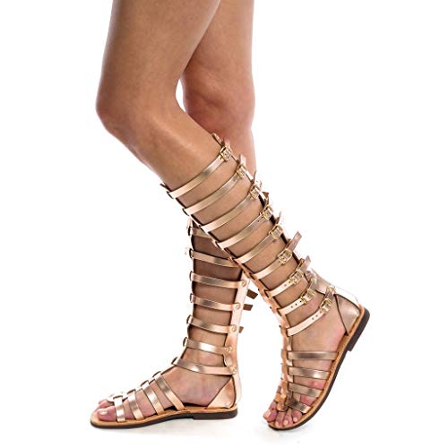 95sCloud Damen Gladiator Sandalen Flach Schuhe Sommerschuhe Knie hohe Stiefel Retro Kniehoch Peep Toe Sandalen Römersandalen Reißverschluss Strandschuhe Schnürschuhe Freizeithose (Gold, 36) von 95sCloud