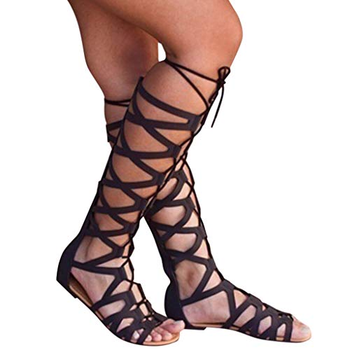 95sCloud Damen Gladiator Sandalen Kniehoch Flach Schuhe Sommerschuhe Riemchensandalen Knie hohe Stiefel Peep Toe Sandalen Shoes Römersandalen Strandschuhe Schnürschuhe Freizeithose (Schwarz, 39) von 95sCloud