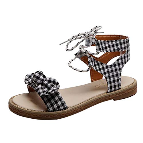 95sCloud Mädchen Damen Flach Retro Sommerschuhe mit Bogen,Schwarz-Weiß-Plaid Strand Sandalen Schuhe Knöchelriemchen Freizeit Urlaub rutschfest Sommer Knöchelriemchen Freizeit Schuhe (Schwarz, 40) von 95sCloud