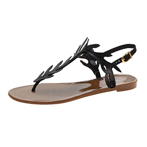 95sCloud Sandalen Damen Flach Strand Open Toe Bohemian Sandalen Zehentrenner Freizeit Sommerschuhe Flach Sandaletten Sommer Strand Knöchelriemchen T-Spangen Strap Schuhe Shoes (Schwarz, 35) von 95sCloud