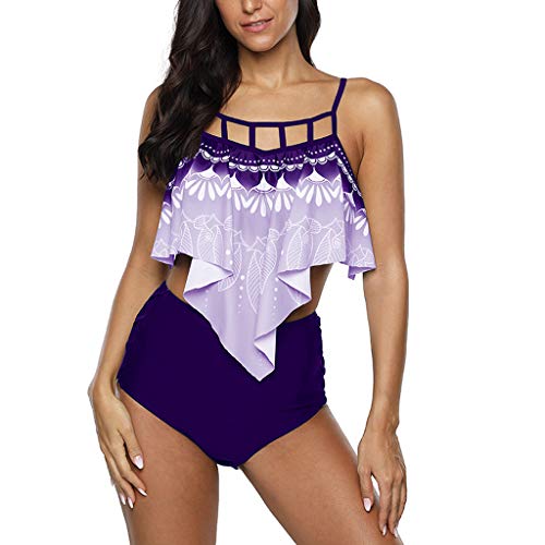 Damen Bikini Set 2-teilig Badeanzug Gerüscht Hohe Taille Tankini Blumenmuster Strandkleidung Bademode Badeanzug Große Größen Retro Hoher Taille Strandkleidung Bikinihose (3XL, Lila) von 95sCloud