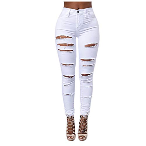 Damen Hosen Stretch Long Hose Hotpants zerrissen High Waist Jeanshose Skinny Hochbund Hose Jeanshose Zerrissen Ripped Hose hohe Taille Stretch Skinny Bleistifthose Cutted Knee Legging (Weiß, M) von 95sCloud