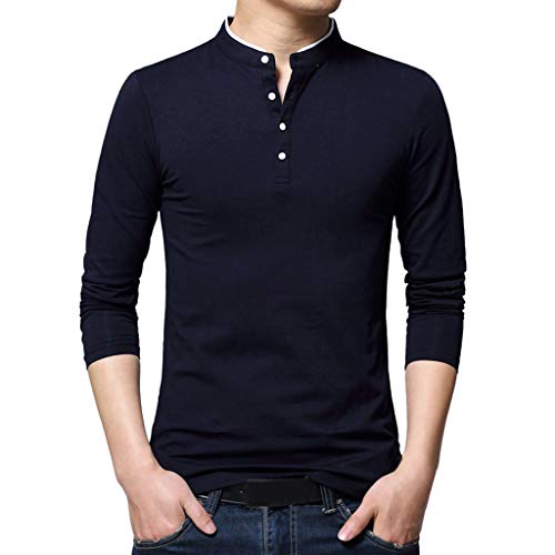 Herren Poloshirt Langarm Stehkragen Einfarbig Freizeit Polo Kragen Polohemd Männer Golf Bussiness Casual T-Shirt Langarmshirt Poloshirt Men Freizeit Slim fit Shirt Businesshemd (Marine, 2XL) von 95sCloud