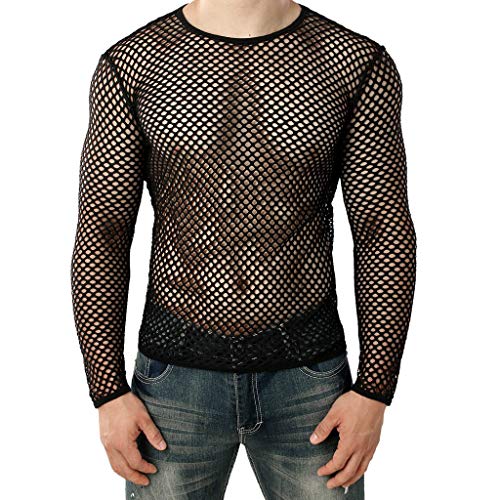 Männer Unterhemd Netzhemd Netz Hemd Shirt, transparent Herren Sommer Casual Muscle Pullover Langarmshirt Mesh fit Underwear Shirt Top Bluse T-Shirt Hemd Tops Clubwear (Schwarz, 2XL) von 95sCloud