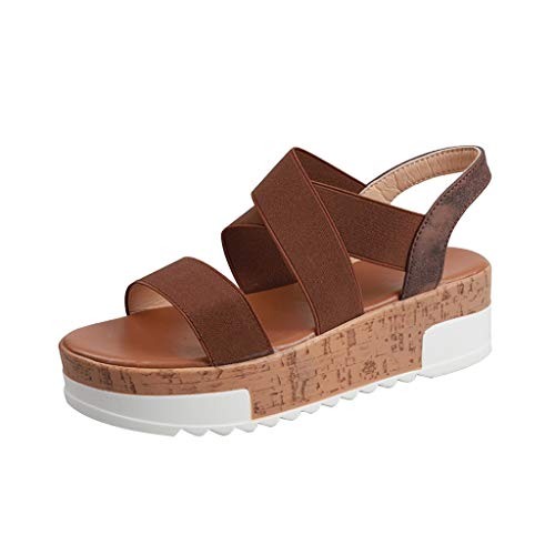 Sandalen Damen Plateau Sommer Keilabsatz PU-Leder 5,5 cm Absatz Sandaletten Peep Toe Flach Sommerschuhe Damenschuhe Sandalen & Sandaletten Keilsandaletten Elastic Strap Casual Sandals (Kaffee, 42) von 95sCloud