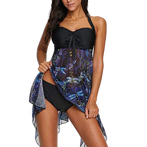 Tankini Damen Push Up Bikini Set Bandeau Top Gepolstert Tankini Figurformender Badekleid mit Röckchen Badeanzug Schwimmanzug Welle Tankini für Mollige Große Größe (2XL, Schwarz) von 95sCloud