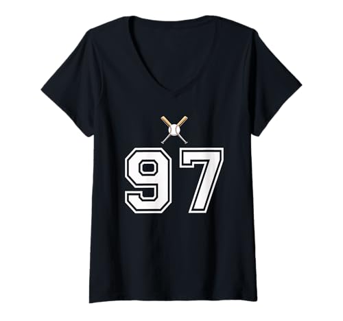Damen 97 Nummer Baseball Style Vintage Weiß T-Shirt mit V-Ausschnitt Damen 97 Nummer Baseball Style Vintage Weiß T-Shirt mit V-Ausschnitt von 97 Nummer Baseball Style Weiß