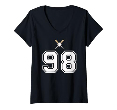 Damen 98 Nummer Baseball Style Vintage Weiß T-Shirt mit V-Ausschnitt Damen 98 Nummer Baseball Style Vintage Weiß T-Shirt mit V-Ausschnitt von 98 Nummer Baseball Style Weiß