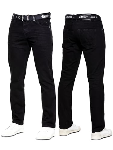 989Zé ENZO Herren-Jeans, klassisch, gerades Bein, leger, Baumwolle, normale Passform, Denim-Hose, gratis Gürtel, Schwarz , Bundweite: 91 cm, beinlänge: 76 cm (36 W / 30 L) von 989Zé ENZO