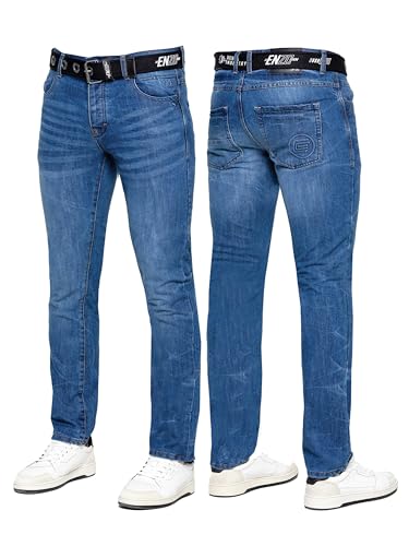 989Zé ENZO Herren-Jeans, klassisch, gerades Bein, leger, Baumwolle, normale Passform, Denim-Hose, gratis Gürtel, mittelblau, 38 W / 34 L von 989Zé ENZO