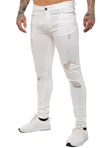 989Zé ENZO Herren Jeans Slim Fit Jeanshose Stretch Denim Designer Hose Destroyed EZ383 WEIß 28W / 32L von 989Zé ENZO