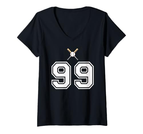 Damen 99 Nummer Baseball Style Vintage Weiß T-Shirt mit V-Ausschnitt Damen 99 Nummer Baseball Style Vintage Weiß T-Shirt mit V-Ausschnitt von 99 Nummer Baseball Style Weiß