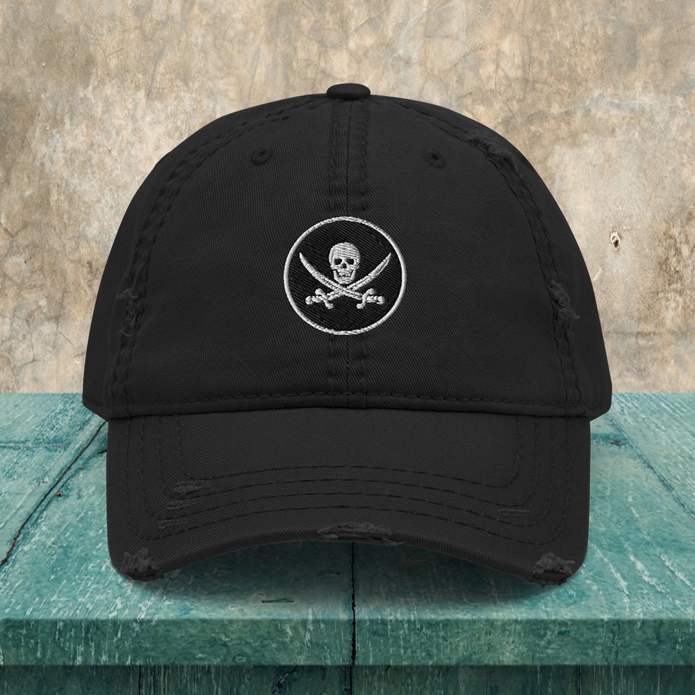 Jolly Roger Distressed Hat, Bestickte Piratenmütze, Schiff Kapitän Geschenk, Segelboot Dad Hut, Matrose Geschenk von 9N20