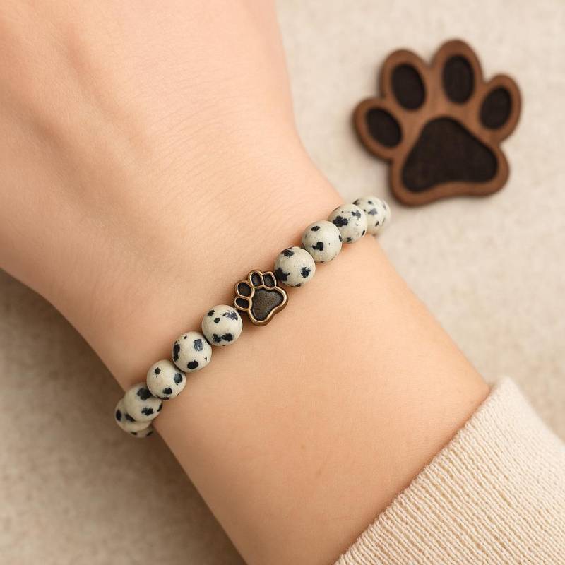 Damen Armband Dalmatiner Jaspis Mit Pfote - Hundepfote Schmuck Geschenk Für Hundeliebhaber Naturstein Stretch Bracelet Damen Armband Dalmatiner Jaspis Mit Pfote - Hundepfote Schmuck Geschenk Für Hundeliebhaber Naturstein Stretch Bracelet von 9OClockDE