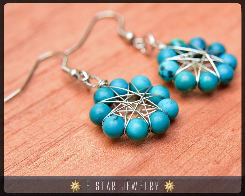 Blauer Türkis Strahlender Stern Ohrringe - Baha'i 9 Star Edelstein Kristall Wire-Wrapped Baumeln Brse29 Blauer Türkis Strahlender Stern Ohrringe - Baha'i 9 Star Edelstein Kristall Wire-Wrapped Baumeln Brse29 von 9StarJewelry