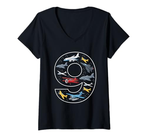 Damen 9. Geburtstag 9 Jahre alt Flugzeug Jungen Mädchen Luftfahrt T-Shirt mit V-Ausschnitt von 9th Birthday 9 Year Old Airplane Boys Girls