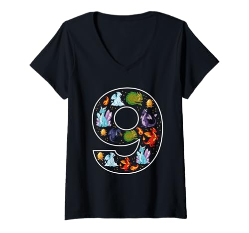Damen 9. Geburtstag 9 Jahre alt Drache Jungen Mädchen Fantasie T-Shirt mit V-Ausschnitt von 9th Birthday 9 Year Old Dragon Boys Girls