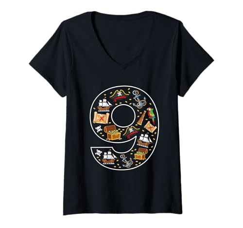 Damen 9. Geburtstag 9 Jahre alt Pirat Jungen Mädchen Schädel T-Shirt mit V-Ausschnitt von 9th Birthday 9 Year Old Pirate Boys Girls