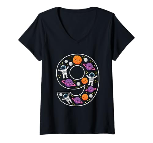 Damen 9. Geburtstag 9 Jahre alt Weltraum Jungen Mädchen Astronaut Planeten T-Shirt mit V-Ausschnitt von 9th Birthday 9 Year Old Space Boys Girls