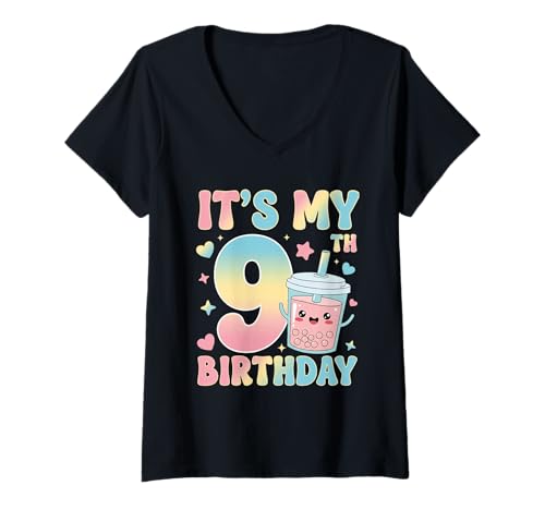 Damen It's My 9th Birthday Bubble Boba Tea Party 9 Year Old Girl T-Shirt mit V-Ausschnitt von 9th Birthday Boba Tea Party 9 Year Old Girl
