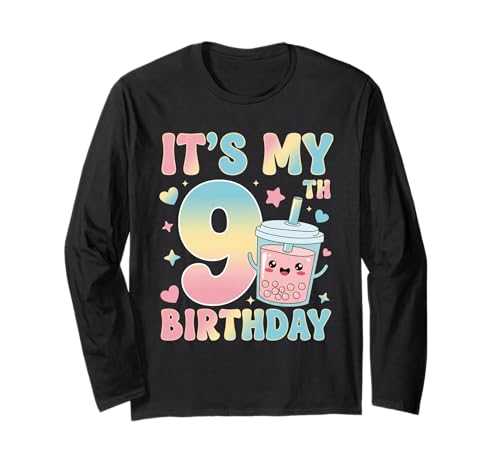 It's My 9th Birthday Bubble Boba Tea Party 9 Year Old Girl Langarmshirt von 9th Birthday Boba Tea Party 9 Year Old Girl