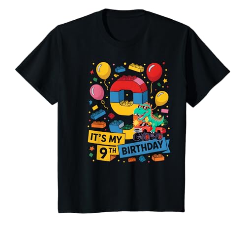 Kinder 9 Jahre alte Dinosaurier Monster Truck Zahlenblöcke 9. Geburtstag T-Shirt von 9th Birthday Dinosaur Monster Truck Theme Party