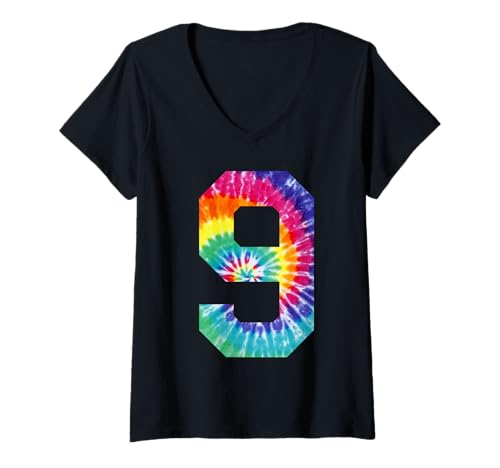 Damen Bunte Batik-Zahl 9 Jahre alte Mädchen 9. Geburtstag Party T-Shirt mit V-Ausschnitt Damen Bunte Batik-Zahl 9 Jahre alte Mädchen 9. Geburtstag Party T-Shirt mit V-Ausschnitt von 9th Birthday shirt tiedye themed party -More Here