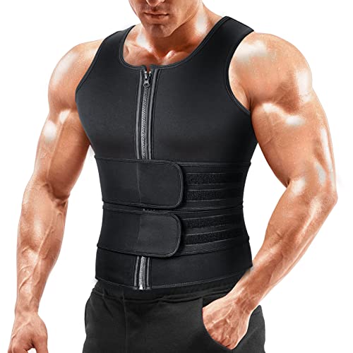 Sauna Weste Taillentrainer für Männer - Herren Saunaanzug Schwitzanzug mit Doppelt Bauchweggürtel, Neopren Abnehmen Shirt Shapewear zur Fitness Bauchweg Body Shaper, Größe L von A+ Choice