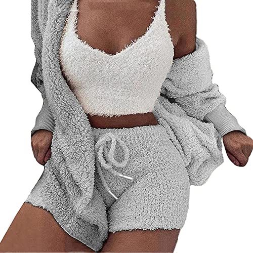 A ADILACA Damen Pyjama, sexy, warm, flauschig, Fleece, 3-teilig, offene Vorderseite, Cardigan, ärmelloses Oberteil, Shorts, Nachtwäsche-Set, 3-teiliges Set-hellgrau, M von A ADILACA