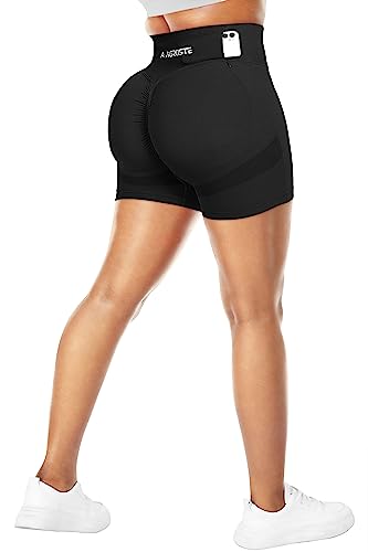 A AGROSTE Hohe Taille Workout Shorts für Frauen Nahtlose Scrunch Butt Lifting Short Gym Smile Contour Radfahren Bikershorts, A-Schwarz & Bund Reißverschlusstasche, Groß von A AGROSTE