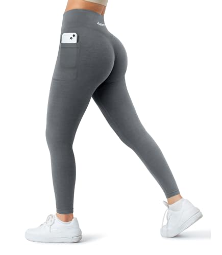 A AGROSTE Nahtlose Workout-Leggings für Damen, mit Taschen, Scrunch Butt Lifting Gym Leggings hohe Taille Yogahose, #0 graue Seitentaschen, S von A AGROSTE