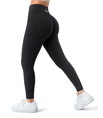 A AGROSTE Nahtlose Workout-Leggings für Damen, mit Taschen, Scrunch Butt Lifting Gym Leggings hohe Taille Yogahose, #3 Schwarz, S von A AGROSTE