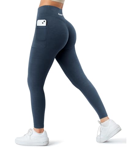 A AGROSTE Nahtlose Workout-Leggings für Damen, mit Taschen, Scrunch Po, Lifting, Fitness-Leggings, hohe Taille, Yogahose, #0 Marineblaue Seitentaschen, Groß von A AGROSTE