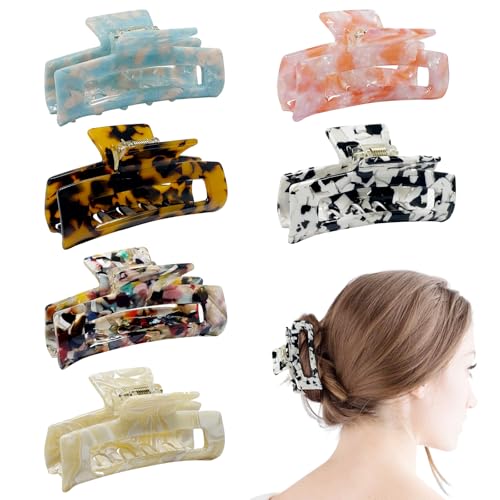 A AIKOOL Große Haarklammern für Damen, 8,4 cm, Essigsäure-Haarspangen, rechteckig, dicke und alle Haare, verschiedene Farben, stilvolle Clips, 6 Stück von A AIKOOL