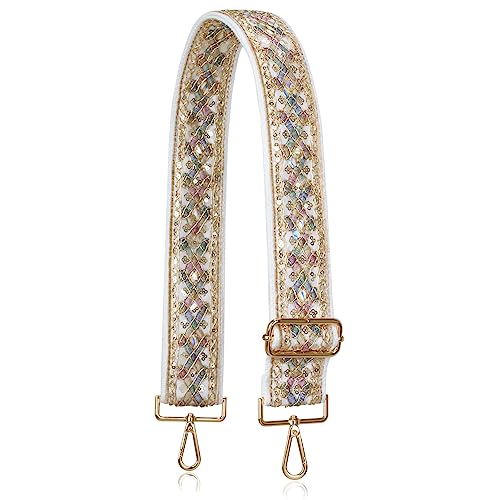 ALLZEDREAM Taschengurt Schultergurt Zum Wechseln Verstellbarer Umhängetasche Handtasche Schultertaschen 5CM Breiter Stickerei Spitze Pailletten, Diamant Beige von A ALLZEDREAM