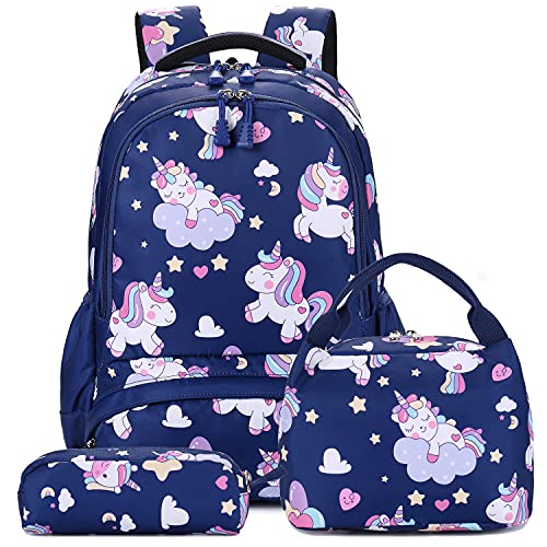 A AM SeaBlue Mädchen Schulrucksack Einhorn Rucksack für Grundschule Schule Schultaschen Schulranzen Sets 3 tlg. Kinderrucksack mit Brustgurt von A AM SeaBlue