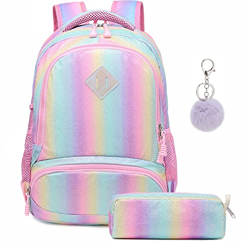 Schultaschen Mädchen Rucksack Regenbogen Glitzer Rucksack Teenager Schultaschen Set Bunte Schulrucksack Damen Rucksack Lässiger Tagesrucksack für Schule Reise Arbeit 30 x 13 x 38 cm von A AM SeaBlue