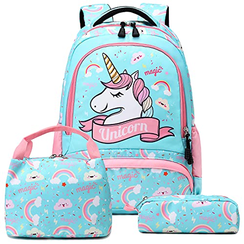 A AM SeaBlue Mädchen Schulrucksack Schultaschen Rucksack Mädchen Schule Einhorn Rucksack Schulranzen Sets 3 tlg. Kinderrucksack mit Brustgurt,Girls Backpack für Teenager von A AM SeaBlue