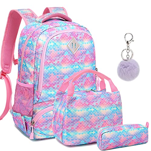 A AM SeaBlue Mädchen Schultaschen Set Glitzer Rucksack Bunte Schulrucksack Kinder Schulranzen 3 Teile Set für Schule und Täglicher Gebrauch von A AM SeaBlue