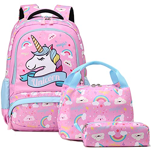 A AM SeaBlue Rucksack Mädchen Schule Rucksack Einhorn Schultasche Teenager Schulranzen Sets 3 tlg.Kinderrucksack mit Lunchpaket + Mäppchen von A AM SeaBlue