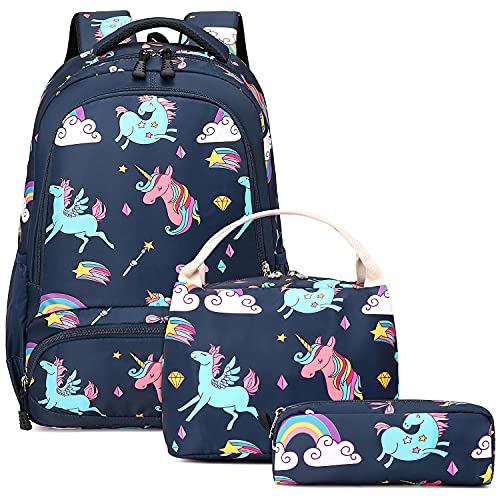 A AM SeaBlue Schulranzen Rucksack Mädchen Schulrucksack Kinderrucksack Einhorn Rucksack Schultaschen Sets 3 tlg.,Mädchen Daypacks Damen Freizeitrucksack von A AM SeaBlue