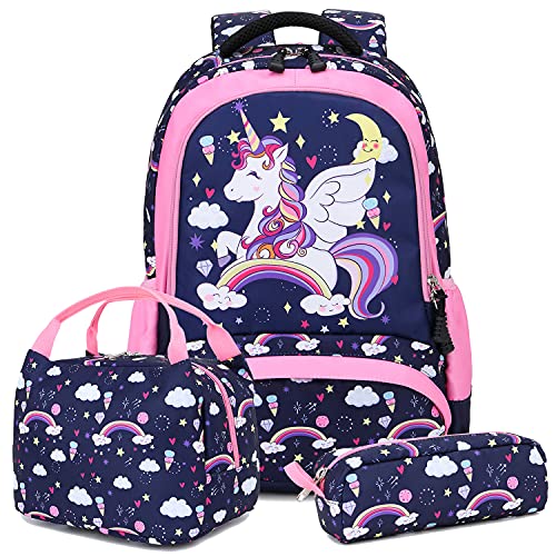 A AM SeaBlue Schultaschen Mädchen Schulrucksack Einhorn Rucksack Grundschule Schule Rucksack Schulranzen Sets 3 tlg. Kinderrucksack mit Brustgurt,Girls School Backpack von A AM SeaBlue