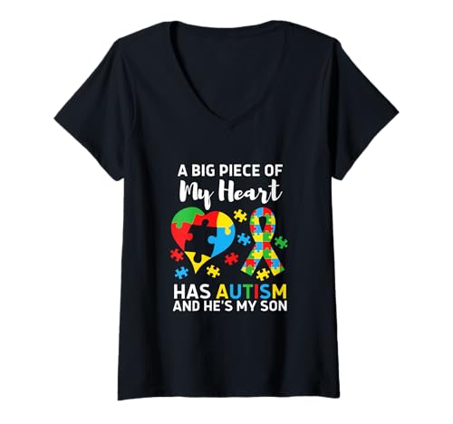 Damen EIN großes Stück meines Herzens hat Autismus und er ist Mein Sohn T-Shirt mit V-Ausschnitt Damen EIN großes Stück meines Herzens hat Autismus und er ist Mein Sohn T-Shirt mit V-Ausschnitt von A Big Piece Of My Heart Has Autism and He's My Son