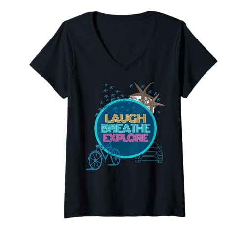Damen Explore Nature Birds Trees - Lauh Relax Cycle Car Drive Camp T-Shirt mit V-Ausschnitt Damen Explore Nature Birds Trees - Lauh Relax Cycle Car Drive Camp T-Shirt mit V-Ausschnitt von A Blaze By SK