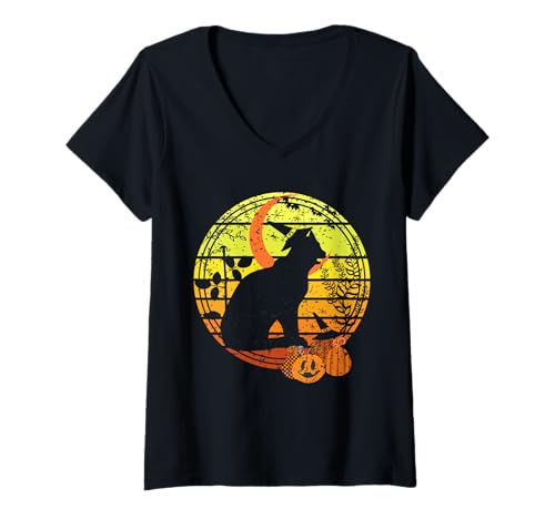 Damen Vintage Halloween Kürbisse Gruselige Katze Hexenhut & Mond Sonnenuntergang T-Shirt mit V-Ausschnitt Damen Vintage Halloween Kürbisse Gruselige Katze Hexenhut & Mond Sonnenuntergang T-Shirt mit V-Ausschnitt von A Blaze - Spooky Halloween Fall Collection