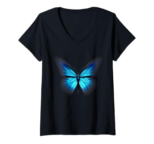 Damen EIN Schmetterling, der blau ist T-Shirt mit V-Ausschnitt Damen EIN Schmetterling, der blau ist T-Shirt mit V-Ausschnitt von A Blue Wing Butterfly Flying Symbol