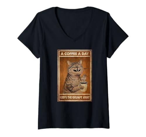 Damen Lustige orangefarbene Katze A Coffee A Day Keep The Grumpy Away T-Shirt mit V-Ausschnitt von A Coffee A Day Keep The Grumpy Away Coffee Lover