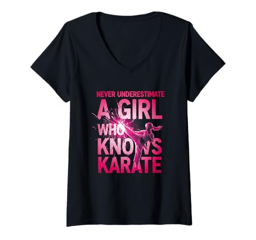 Damen Never Underestimate a Girl Who Knows Karate Lustiges Zitat T-Shirt mit V-Ausschnitt von A Girl Who Knows Karate Shop
